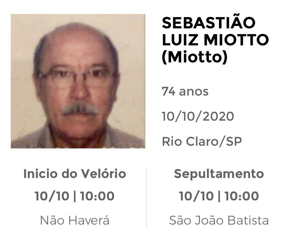 Falecimentos e Sepultamentos – 10/10/2020 – 11/10/2020 - Grupo Rio Claro SP