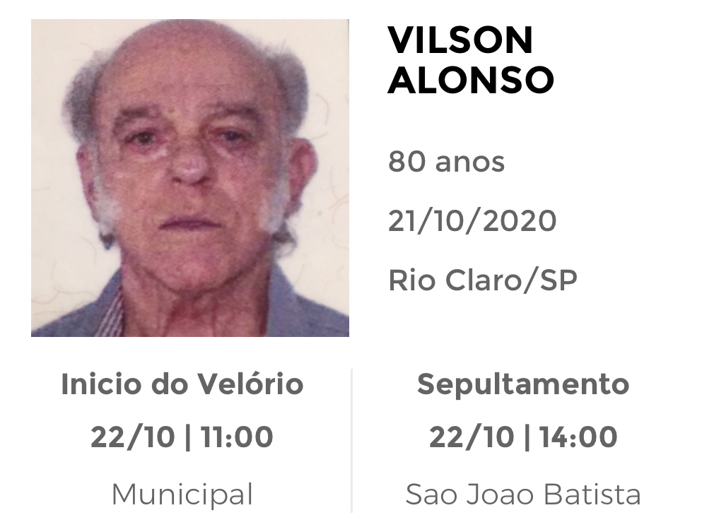 Falecimentos e Sepultamentos – 21/10/2020 – 22/10/2020 - Grupo Rio Claro SP