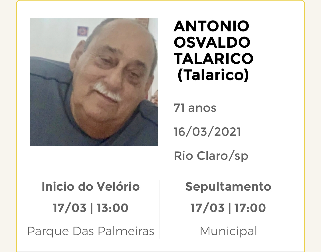 Falecimentos e Sepultamentos – 17/03/2021 – 18/03/2021 - Grupo Rio Claro SP