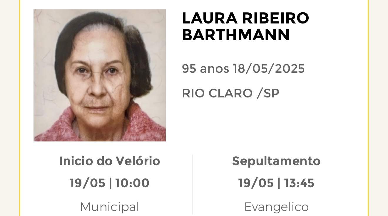 Falecimentos deste domingo 18/05/2025 - Grupo Rio Claro SP