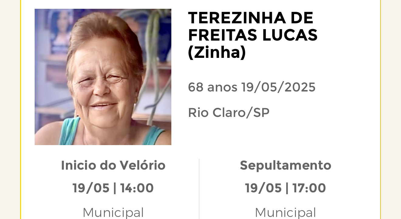 Falecimentos desta segunda-feira 19/05/2025 - Grupo Rio Claro SP