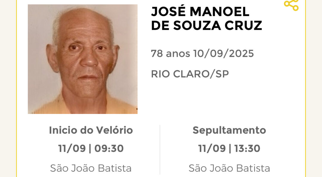 Falecimentos desta quarta-feira 10/09/2025 - Grupo Rio Claro SP Falecimentos desta quarta-feira 10/09/2025 - Grupo Rio Claro SP