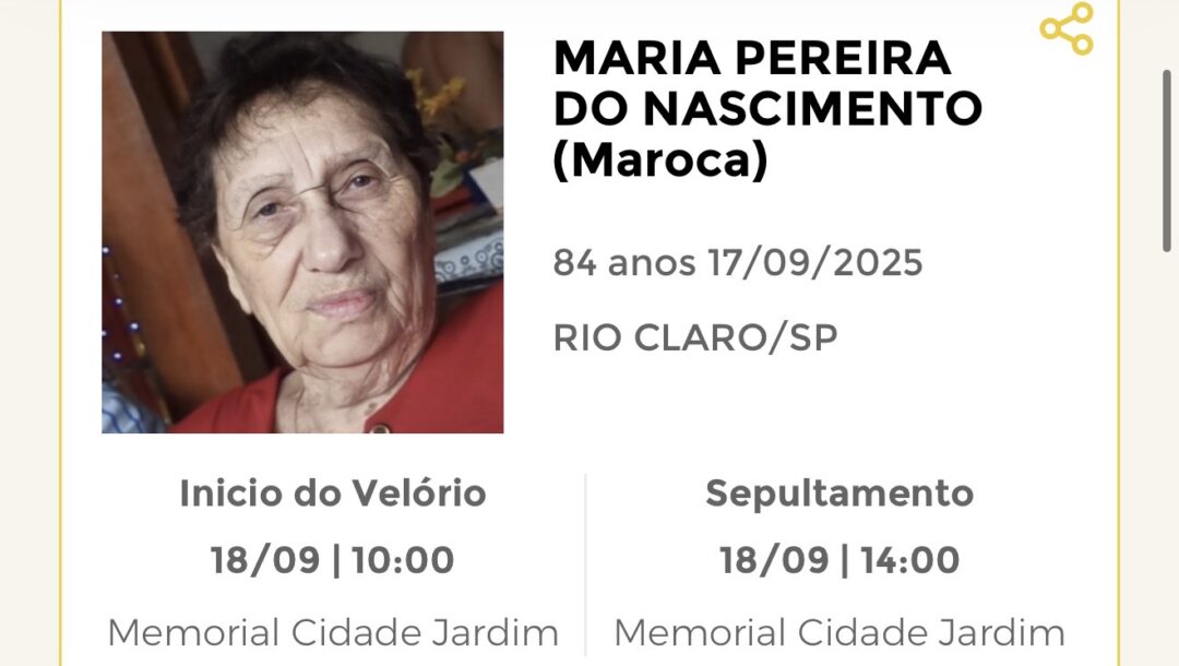 Falecimentos desta quarta-feira 17/09/2025 - Grupo Rio Claro SP Falecimentos desta quarta-feira 17/09/2025 - Grupo Rio Claro SP