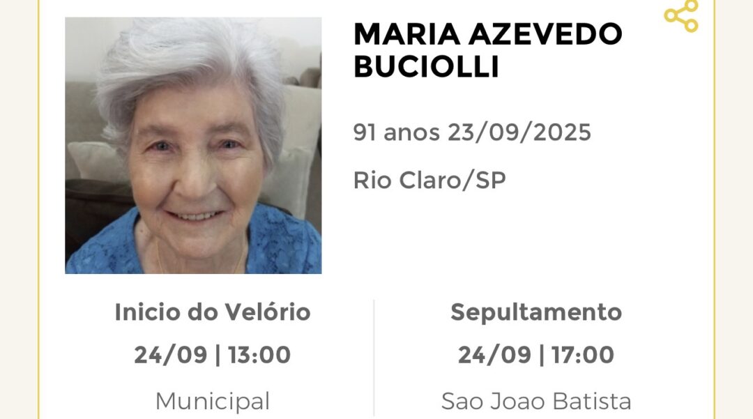 Falecimentos desta terça-feira 23/09/2025 - Grupo Rio Claro SP Falecimentos desta terça-feira 23/09/2025 - Grupo Rio Claro SP