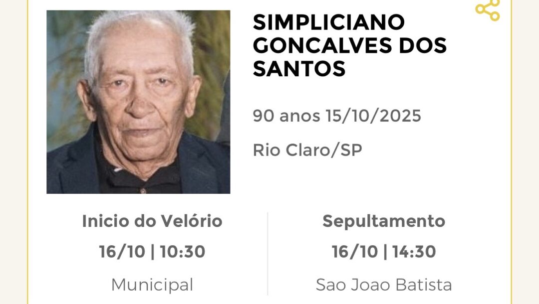 Falecimentos desta quarta-feira 15/10/2025 - Grupo Rio Claro SP Falecimentos desta quarta-feira 15/10/2025 - Grupo Rio Claro SP