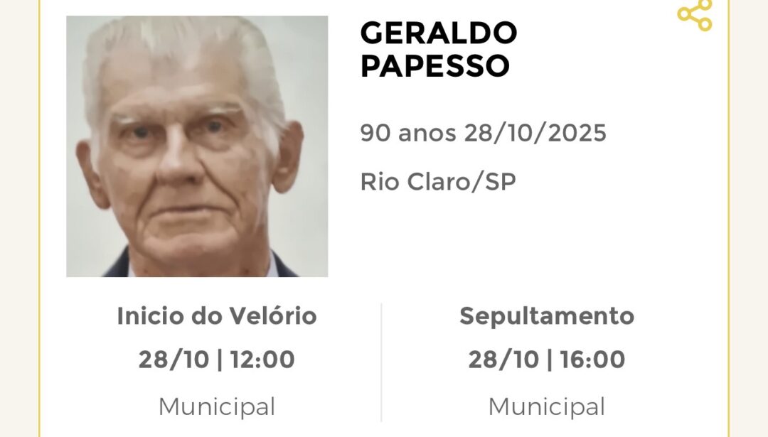 Falecimentos desta terça-feira 28/10/2025 - Grupo Rio Claro SP Falecimentos desta terça-feira 28/10/2025 - Grupo Rio Claro SP