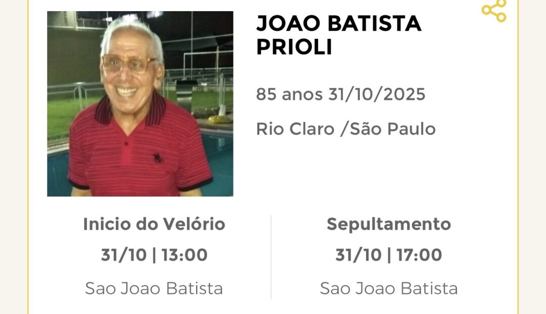 Falecimentos desta sexta-feira 31/10/2025 - Grupo Rio Claro SP Falecimentos desta sexta-feira 31/10/2025 - Grupo Rio Claro SP