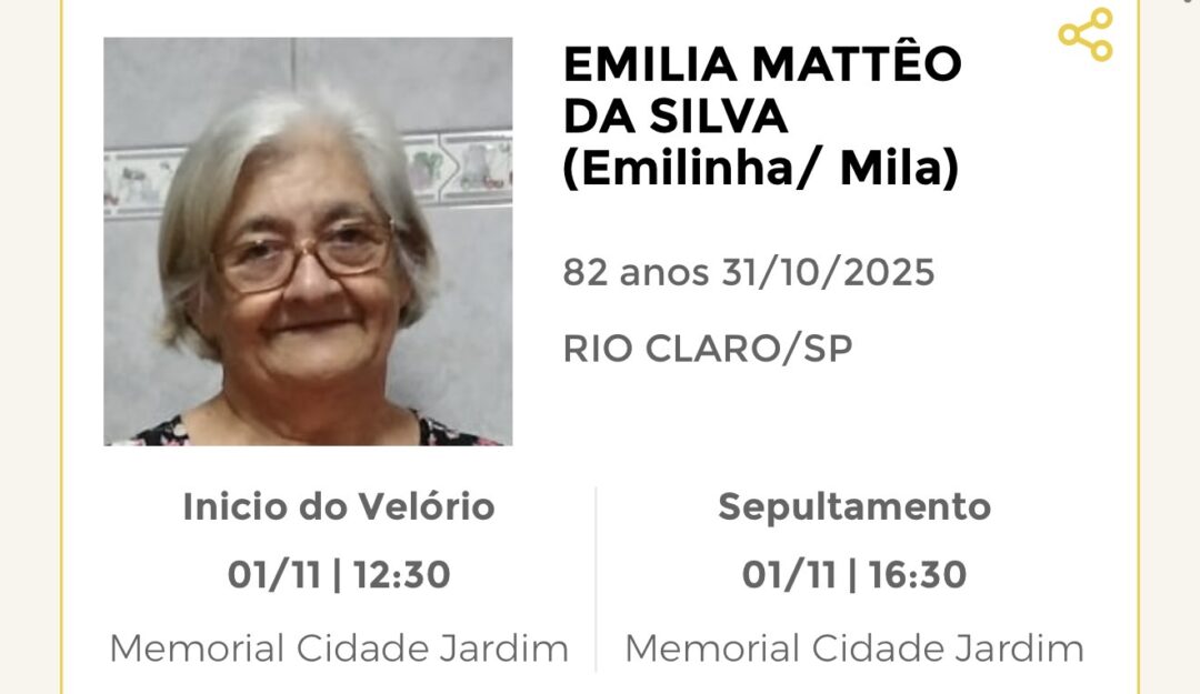 Falecimentos desta sexta-feira 31/10/2025 - Grupo Rio Claro SP Falecimentos desta sexta-feira 31/10/2025 - Grupo Rio Claro SP