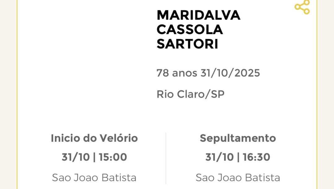 Falecimentos desta sexta-feira 31/10/2025 - Grupo Rio Claro SP Falecimentos desta sexta-feira 31/10/2025 - Grupo Rio Claro SP