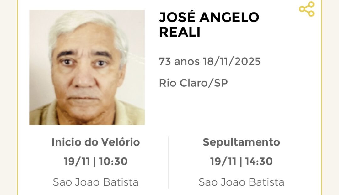 Falecimentos desta terça-feira 18/11/2025 - Grupo Rio Claro SP Falecimentos desta terça-feira 18/11/2025 - Grupo Rio Claro SP