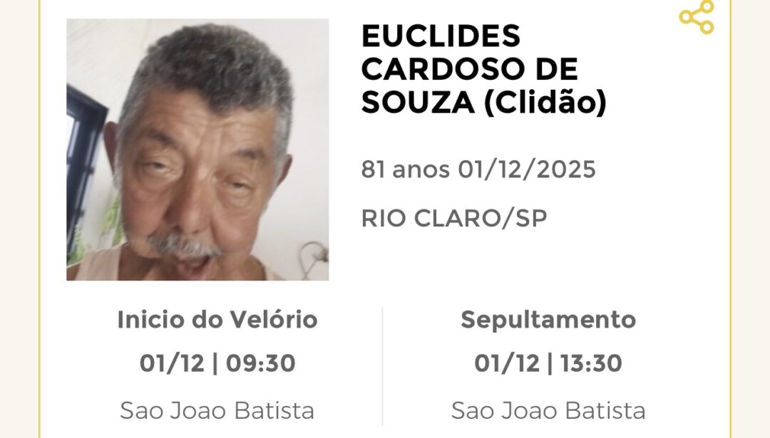 Falecimentos desta segunda-feira 01/12/2025 - Grupo Rio Claro SP Falecimentos desta segunda-feira 01/12/2025 - Grupo Rio Claro SP