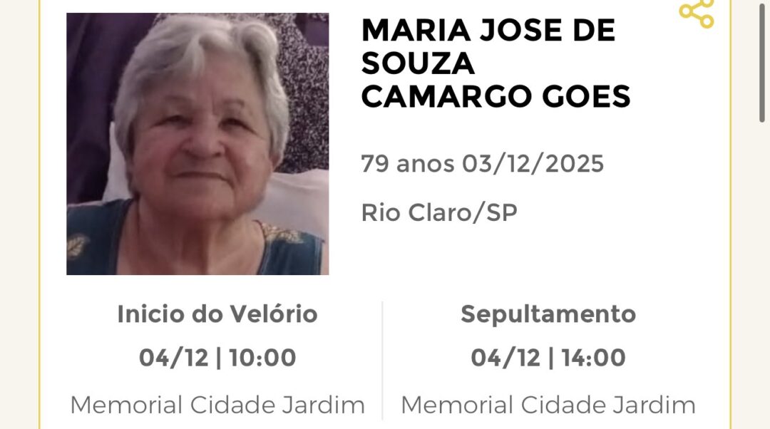 Falecimentos desta quarta-feira 03/12/2025 - Grupo Rio Claro SP Falecimentos desta quarta-feira 03/12/2025 - Grupo Rio Claro SP