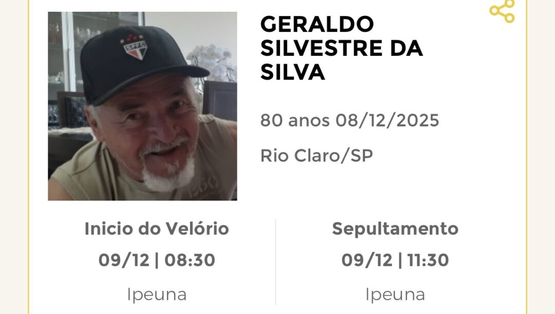 Falecimentos desta segunda-feira 08/12/2025 - Grupo Rio Claro SP Falecimentos desta segunda-feira 08/12/2025 - Grupo Rio Claro SP