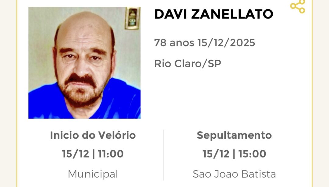 Falecimentos desta segunda-feira 15/12/2025 - Grupo Rio Claro SP Falecimentos desta segunda-feira 15/12/2025 - Grupo Rio Claro SP