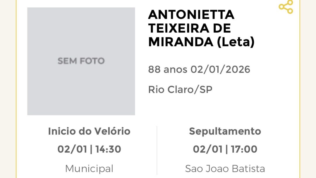Falecimentos deste domingo 04/01/2026 - Grupo Rio Claro SP Falecimentos deste domingo 04/01/2026 - Grupo Rio Claro SP
