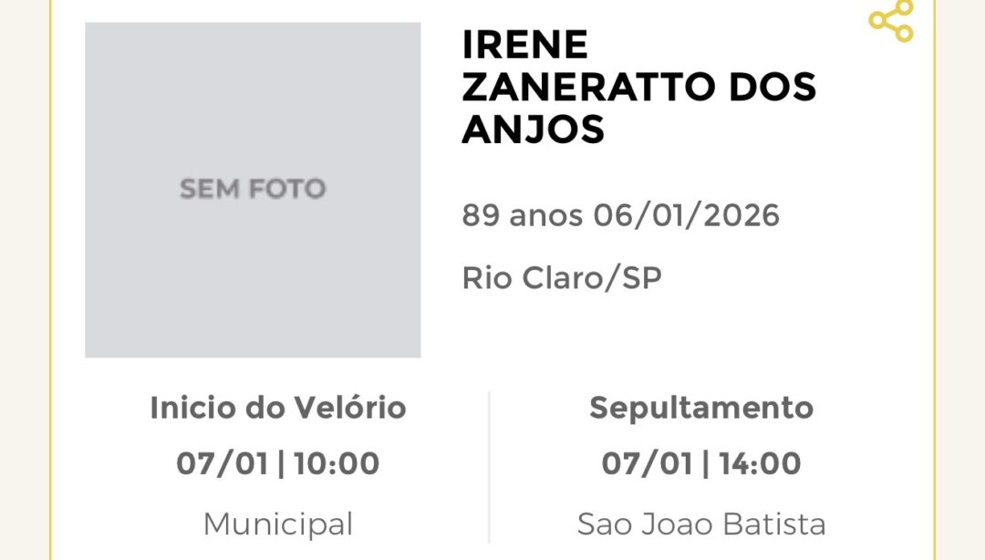Falecimentos desta terça-feira 06/01/2026 - Grupo Rio Claro SP Falecimentos desta terça-feira 06/01/2026 - Grupo Rio Claro SP