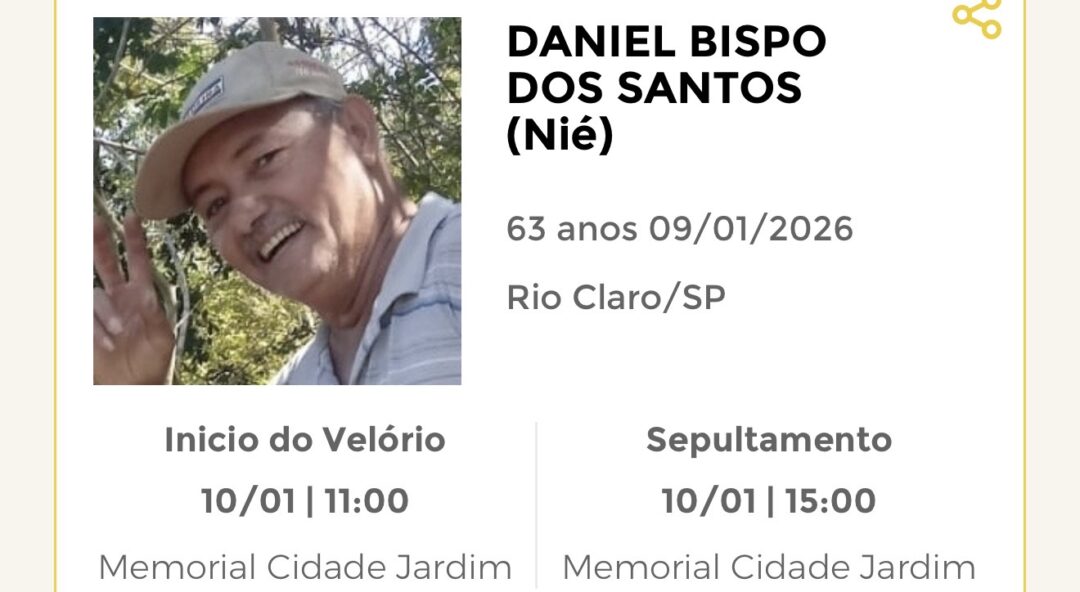 Falecimentos desta sexta-feira 09/01/2026 - Grupo Rio Claro SP Falecimentos desta sexta-feira 09/01/2026 - Grupo Rio Claro SP