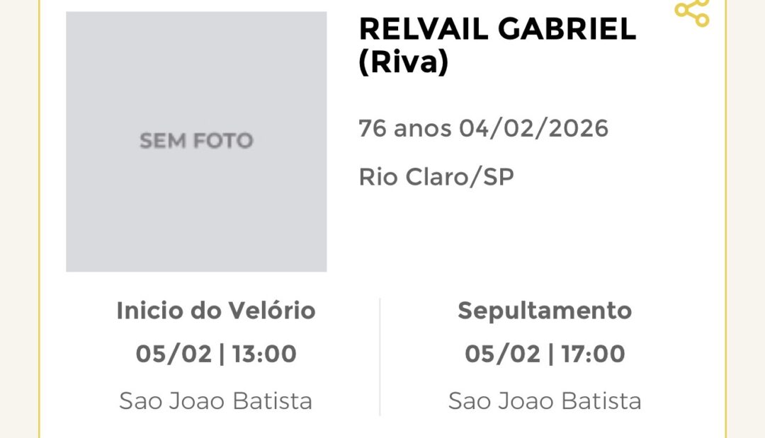 Falecimentos desta quarta-feira 04/02/2026 - Grupo Rio Claro SP Falecimentos desta quarta-feira 04/02/2026 - Grupo Rio Claro SP