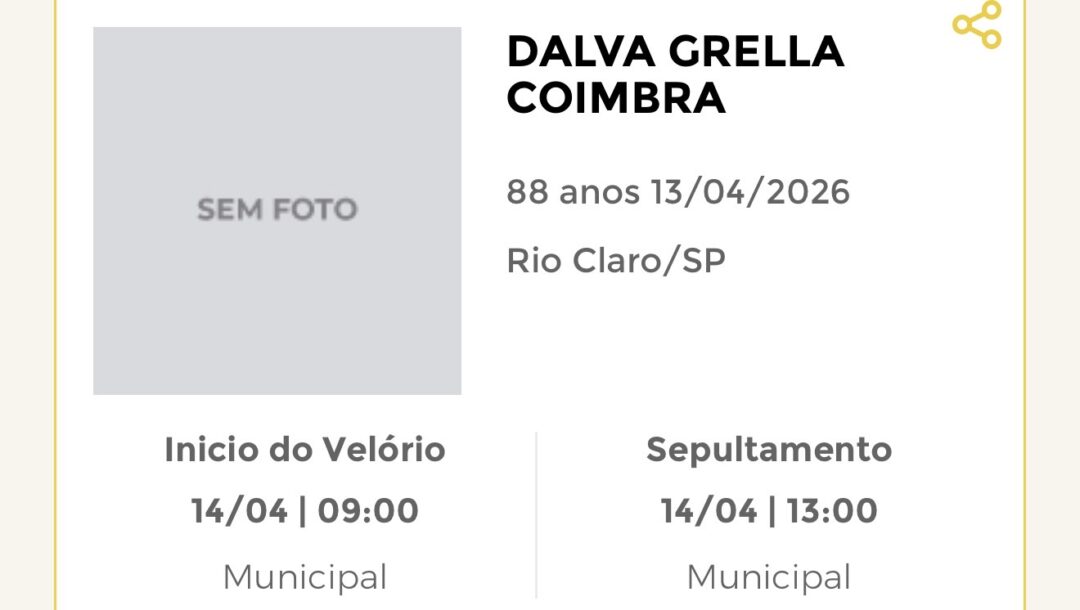 Falecimentos desta segunda-feira 13/04/2026 - Grupo Rio Claro SP Falecimentos desta segunda-feira 13/04/2026 - Grupo Rio Claro SP
