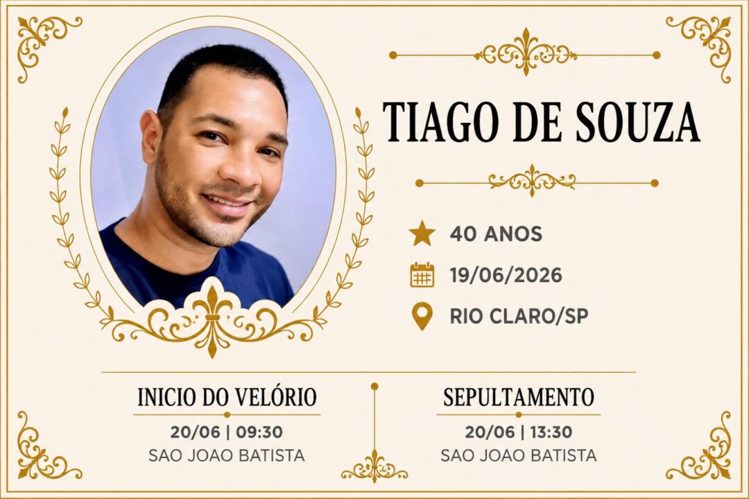 Falecimentos desta sexta-feira 19/06/2026 - Grupo Rio Claro SP Falecimentos desta sexta-feira 19/06/2026 - Grupo Rio Claro SP