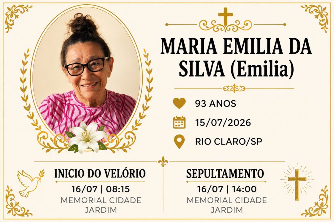 Falecimentos desta quarta-feira 15/07/2026 - Grupo Rio Claro SP Falecimentos desta quarta-feira 15/07/2026 - Grupo Rio Claro SP