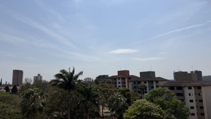 Céu azul com prédios e árvores.