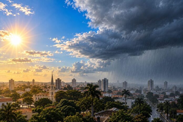 Céu dividido entre sol e chuva