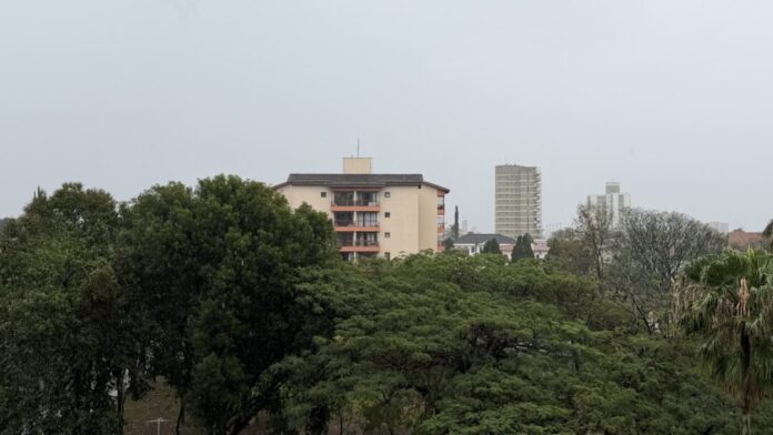 Prédio entre árvores em dia nublado.