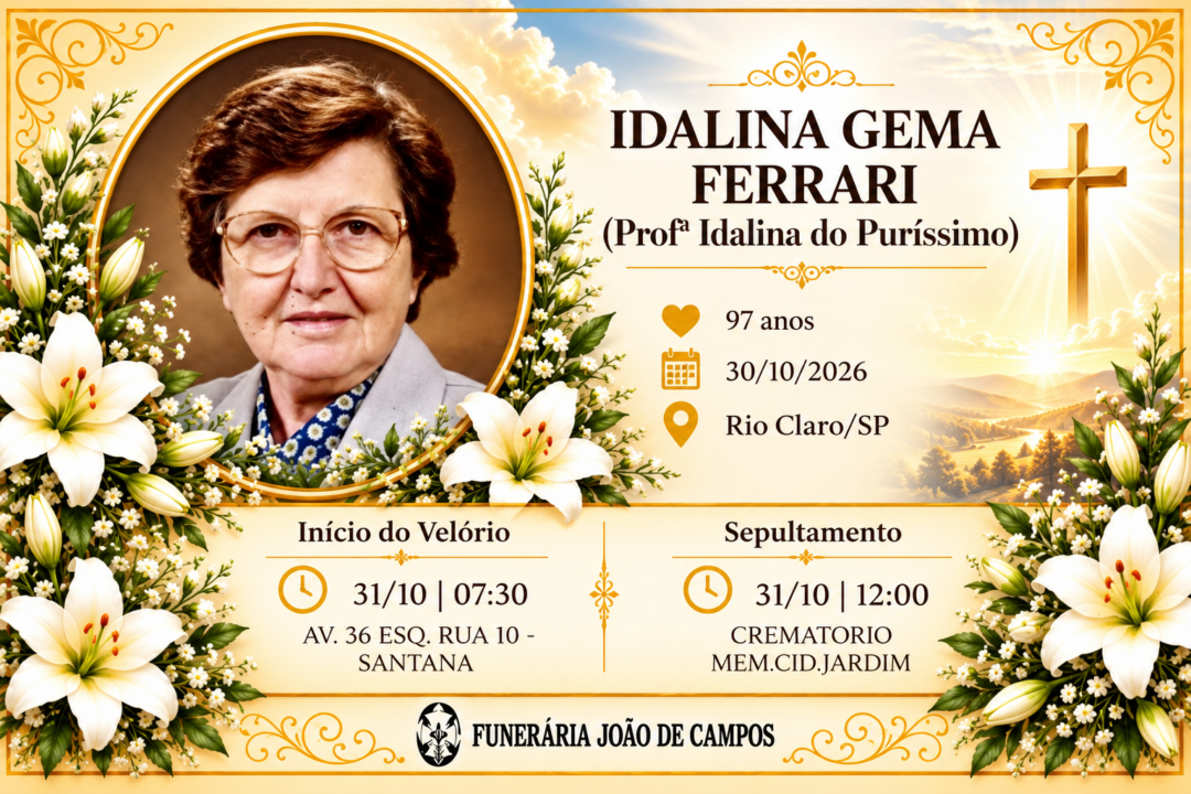 Falecimentos desta sexta-feira 30/10/2026 - Grupo Rio Claro SP Falecimentos desta sexta-feira 30/10/2026 - Grupo Rio Claro SP