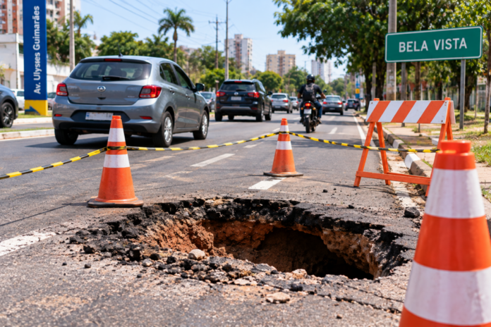 Buraco na Avenida Ulysses Guimarães altera trânsito no Bela Vista