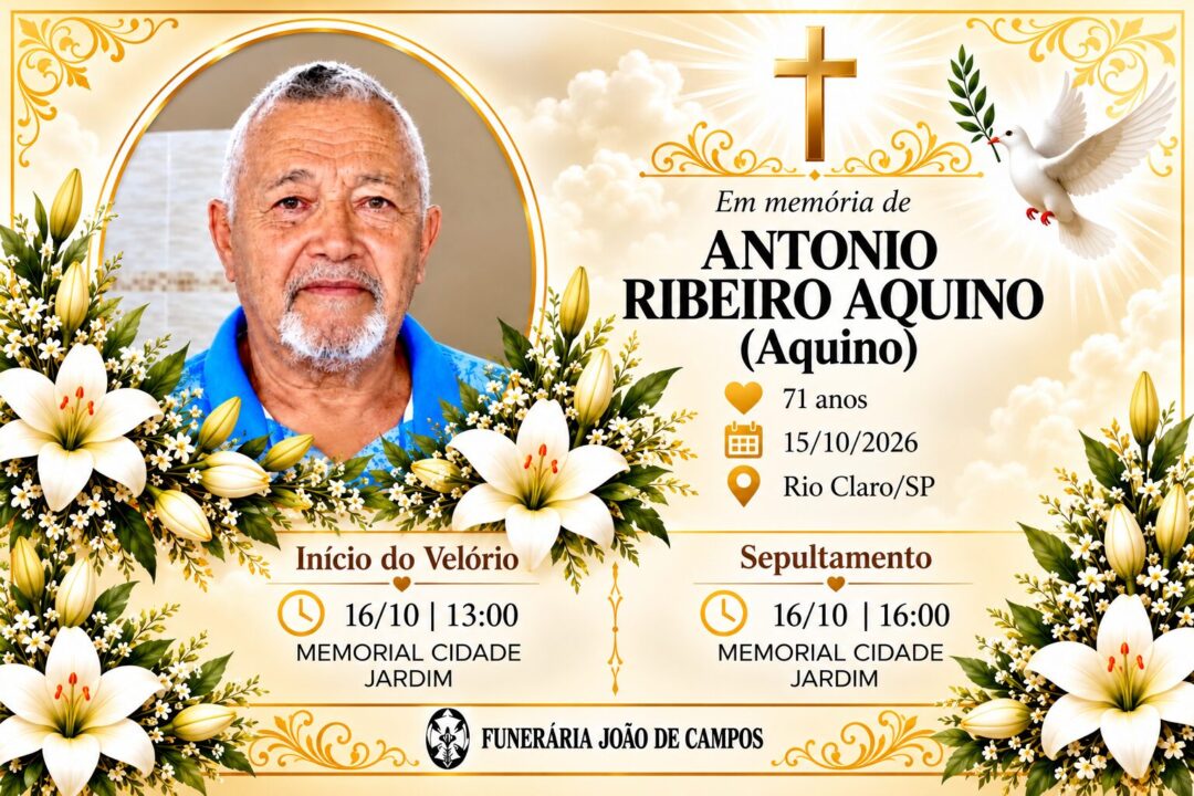 Falecimentos desta quinta-feira 15/10/2026 - Grupo Rio Claro SP Falecimentos desta quinta-feira 15/10/2026 - Grupo Rio Claro SP