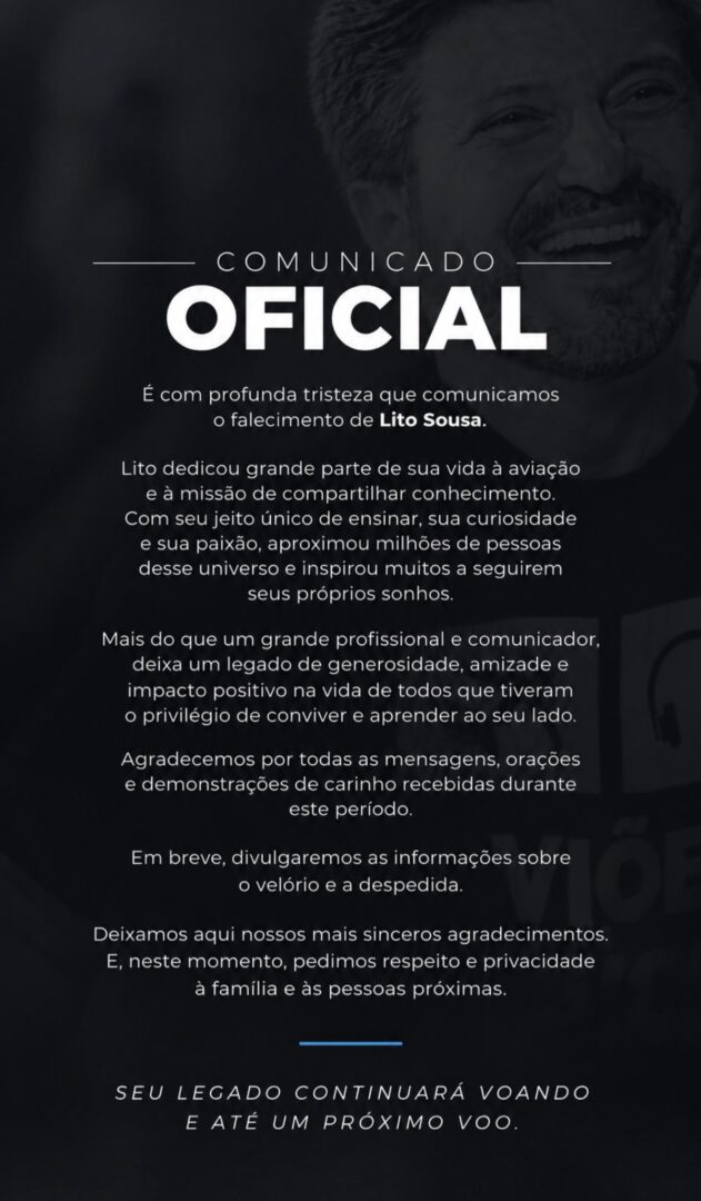 Morre Lito Sousa, influenciador conhecido por falar sobre aviação - Grupo Rio Claro SP Morre Lito Sousa, influenciador conhecido por falar sobre aviação - Grupo Rio Claro SP